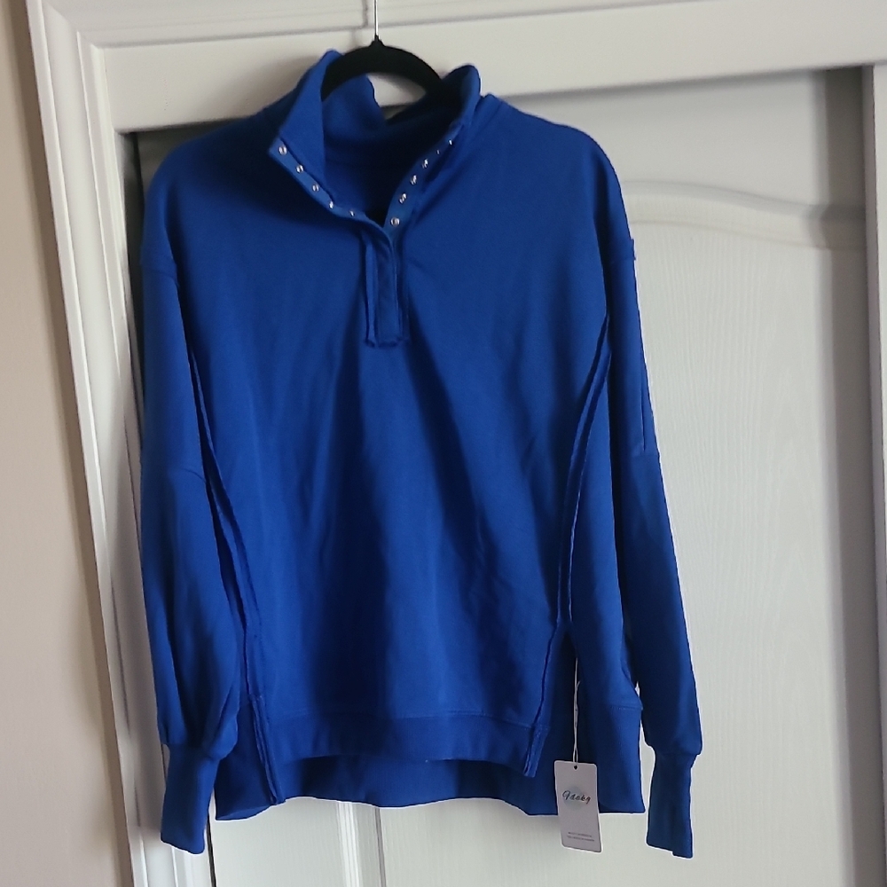 Men's Blue Pullover Sweater with Snap Collar